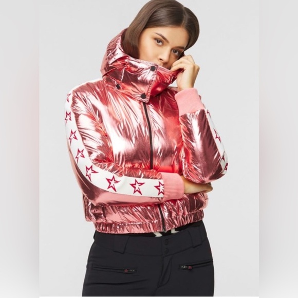Perfect Moment Metallic Pink Star Puffy Ski Hooded Down Jacket Size S - Picture 1 of 10